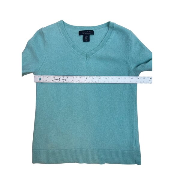 Tahari Two Ply Cashmere Aqua Blue Fitted V-Neck Sweater Ribbed Hem & Cuffs - Picture 9 of 9